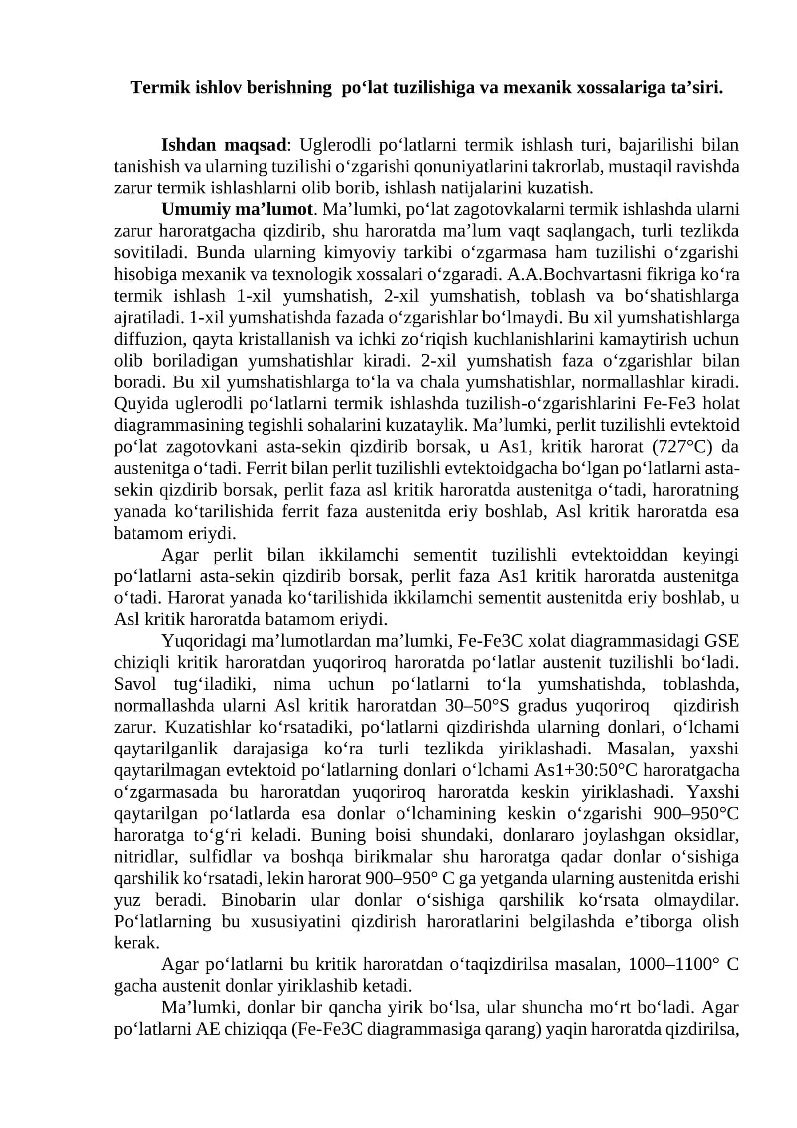 Termik ishlov berishning po‘lat tuzilishiga va mexanik xossalariga ta’siri 1