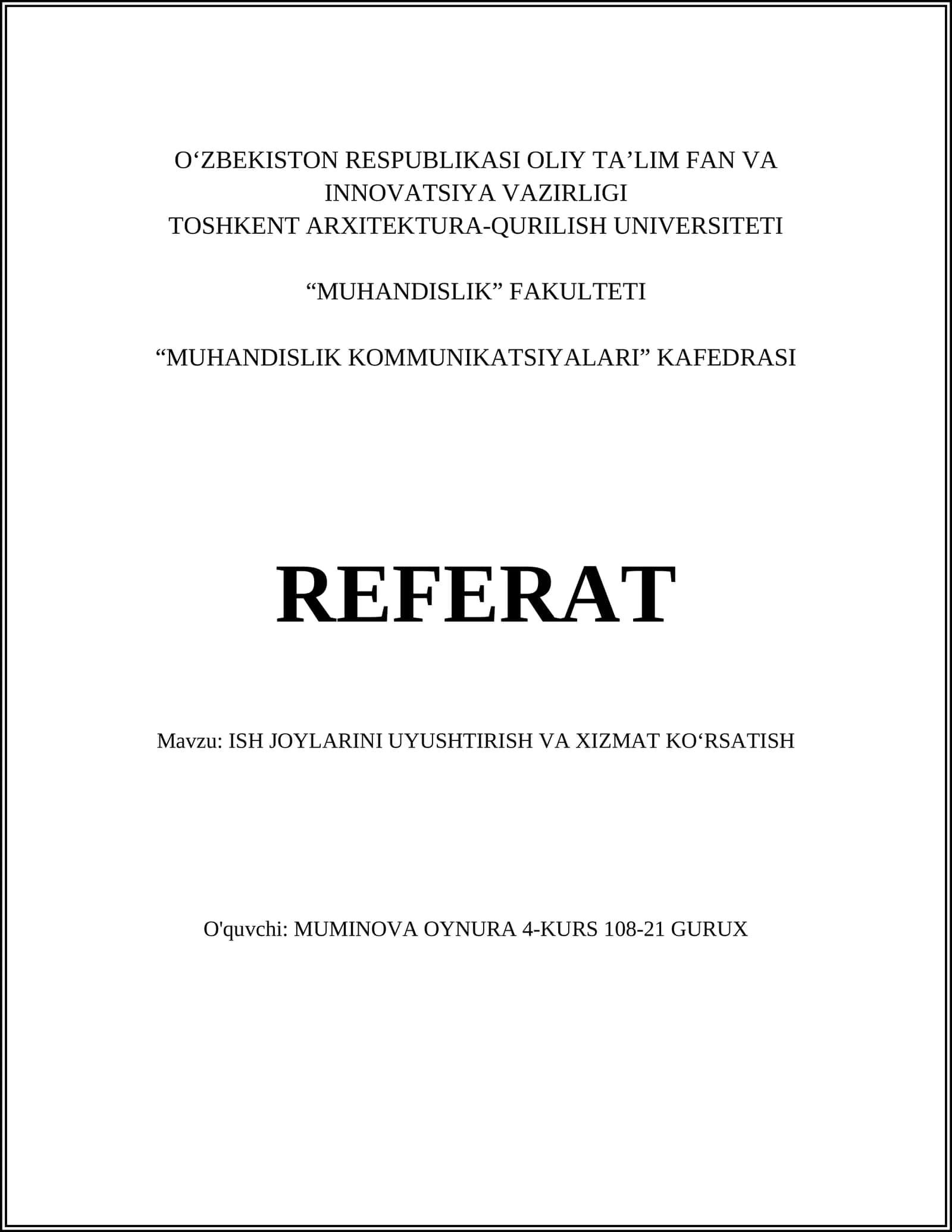ISH JOYLARINI UYUSHTIRISH VA XIZMAT KO‘RSATISH 1