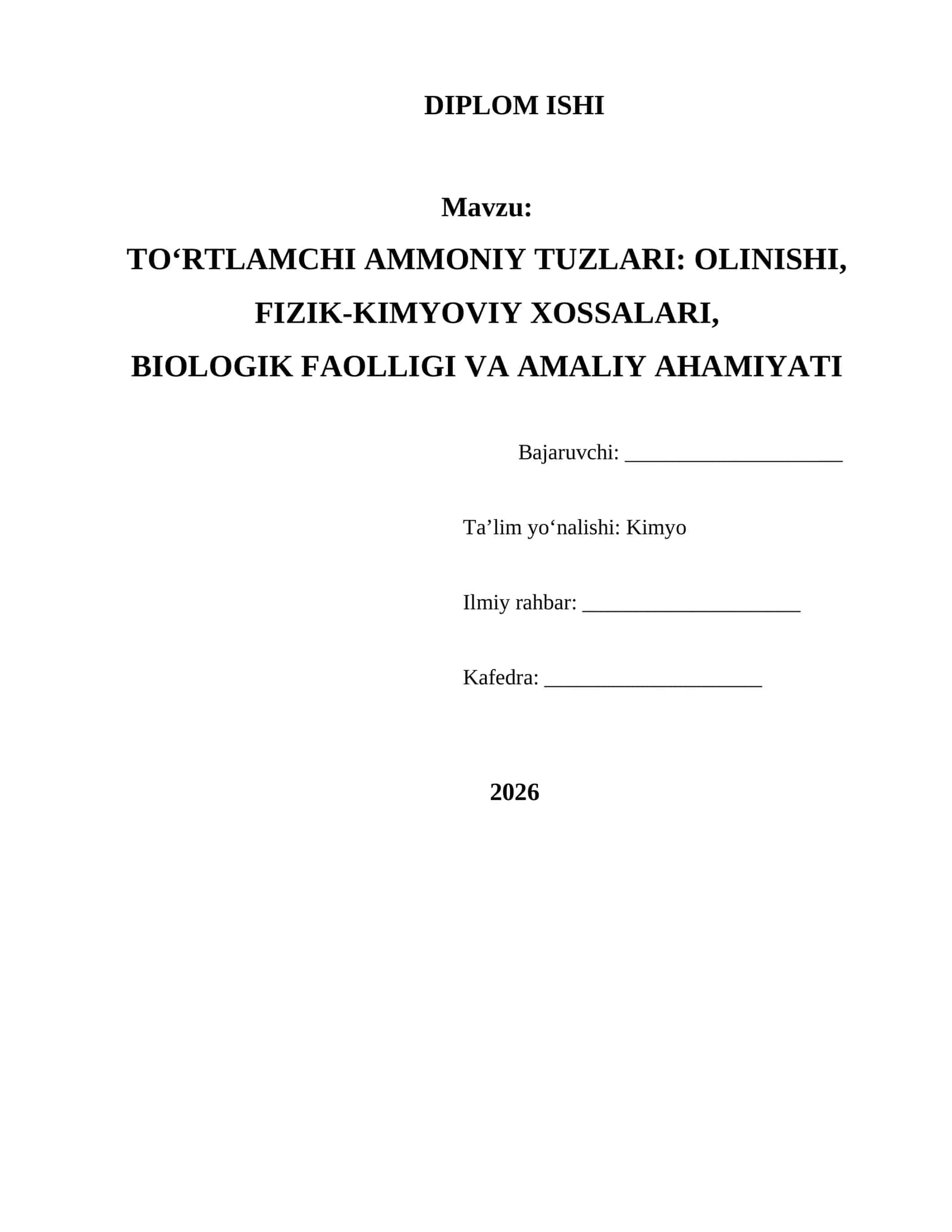 TO‘RTLAMCHI AMMONIY TUZLARI: OLINISHI, FIZIK-KIMYOVIY XOSSALARI, BIOLOGIK FAOLLIGI VA AMALIY AHAMIYATI 1
