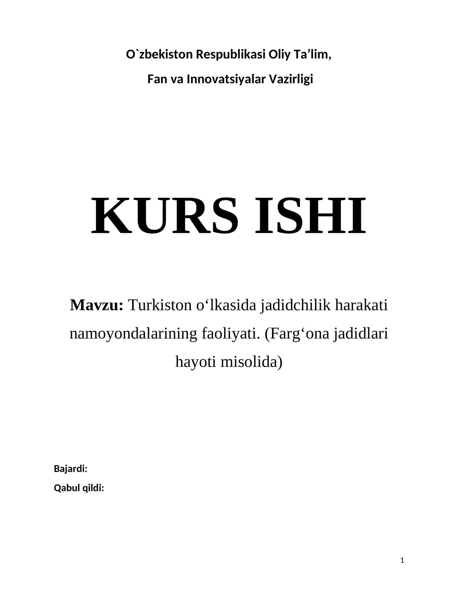 Turkiston Oʻlkasida jadidchilik harakati namoyondalarining faoliyati. (Fargʻona jadidlari hayoti misolida) 1