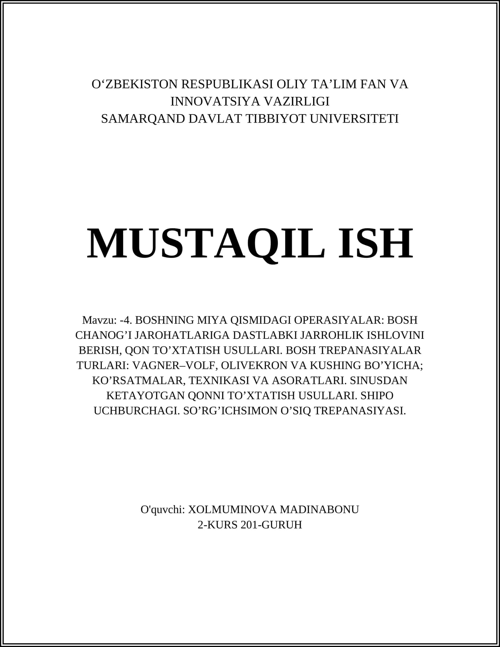 Boshning miya qismidagi operatsiyalar: Bosh chanog’i jarohatlariga dastlabki jarrohlik ishlarini berish 1