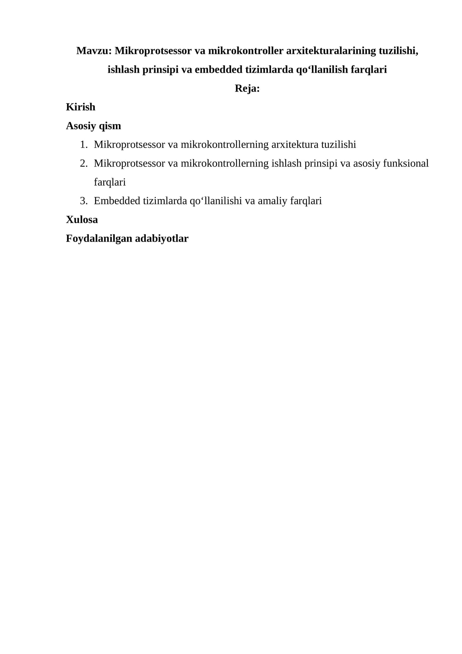 Mikroprotsessor va mikrokontroller arxitekturalarining tuzilishi, ishlash prinsipi va embedded tizimlarda qoʻllanilish farqlari 1
