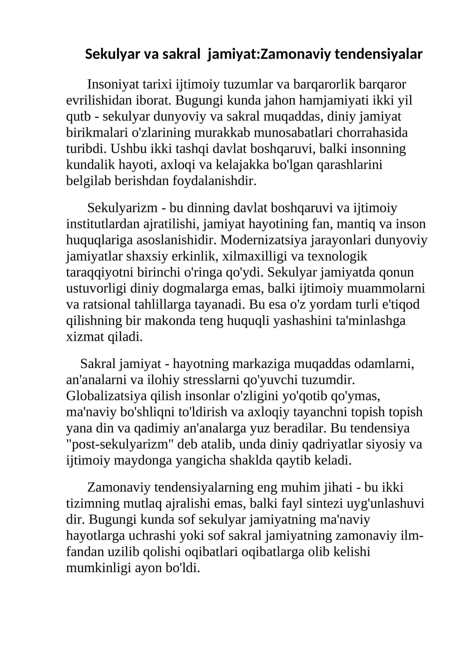 Sekulyar va sakral jamiyat:Zamonaviy tendensiyalar 1