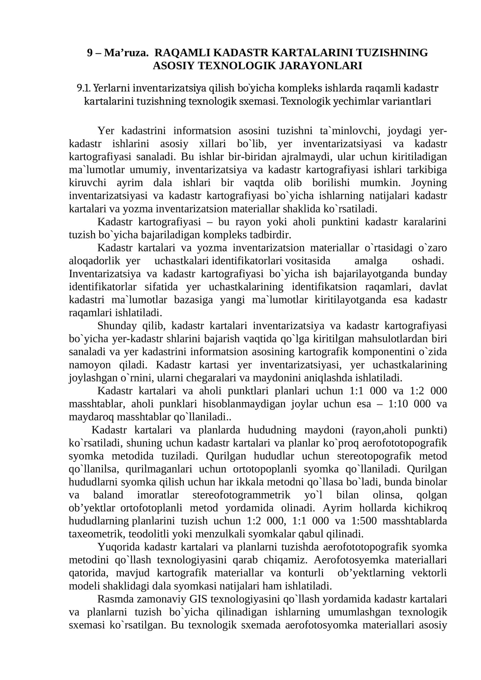RAQAMLI KADASTR KARTALARINI TUZISHNING ASOSIY TEXNOLOGIK JARAYONLARI 1