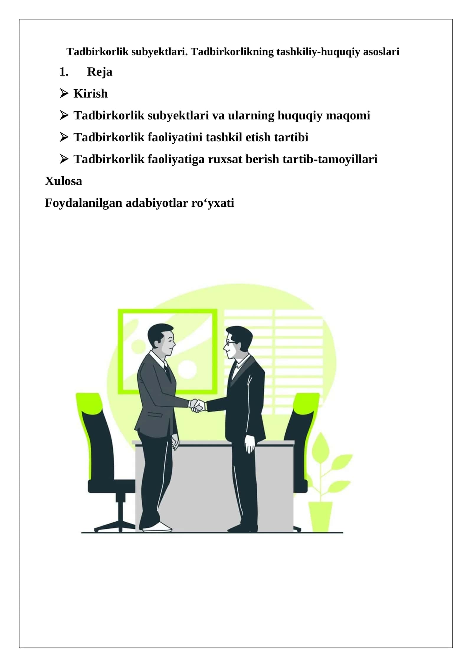 Tadbirkorlik subyektlari. Tadbirkorlikning tashkiliy-huquqiy asoslari 1