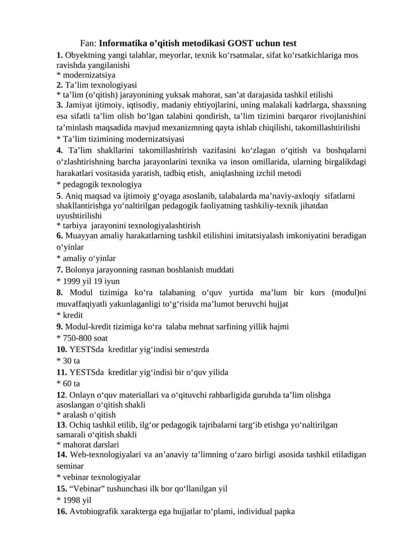Fan: Informatika o’qitish metodikasi GOST uchun test 1
