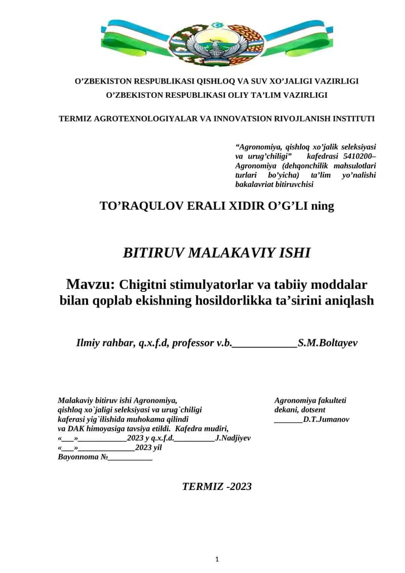 Chigitni stimulyatorlar va tabiiy moddalar bilan qoplab ekishning hosildorlikka ta’sirini aniqlash 1
