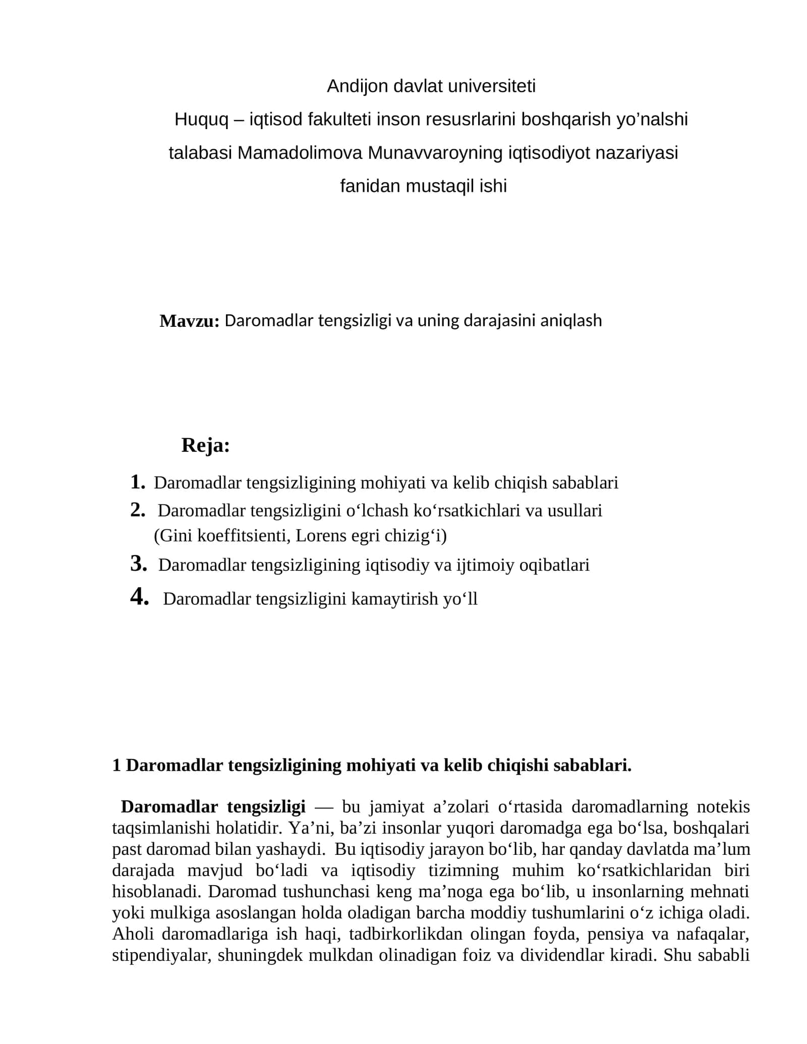 Daromadlar tengsizligi va uning darajasini aniqlash 1