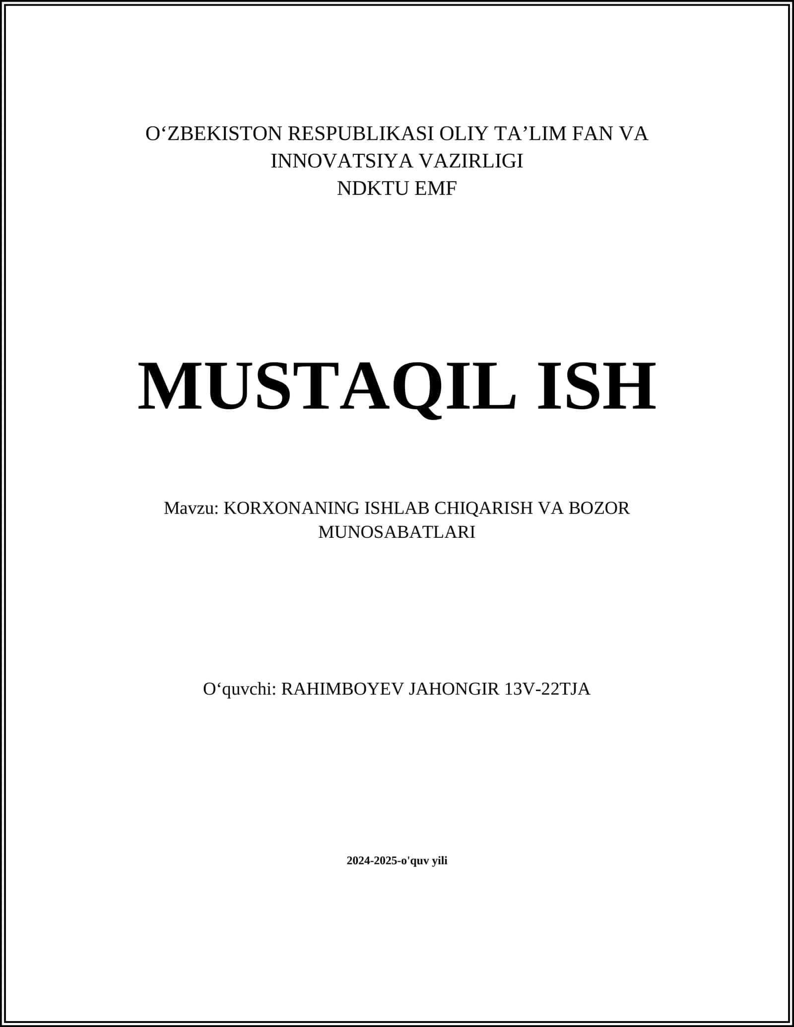 KORXONANING ISHLAB CHIQARISH VA BOZOR MUNOSABATLARI 1