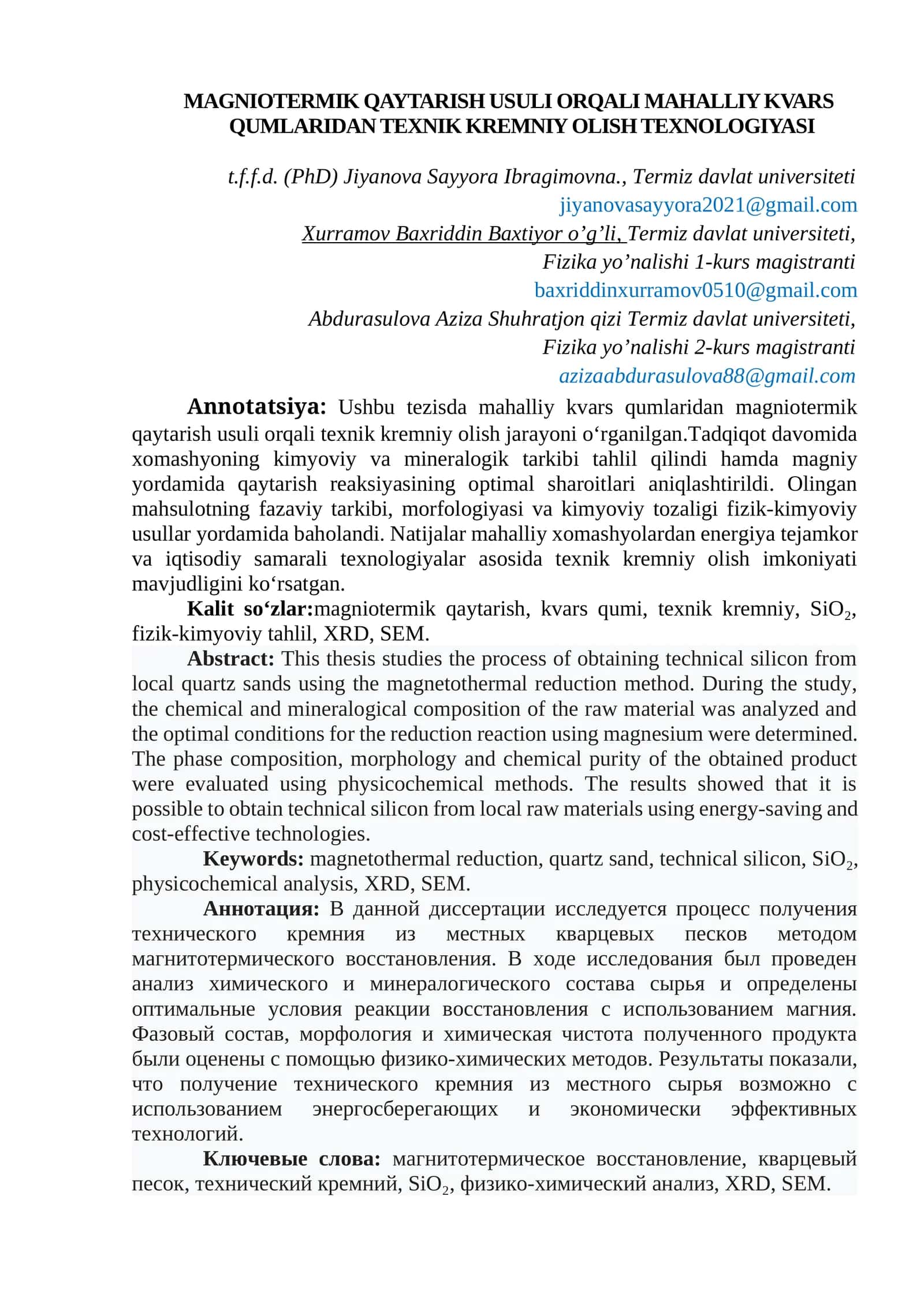 MAGNIOTERMIK QAYTARISH USULI ORQALI MAHALLIY KVARS QUMLARIDAN TEXNIK KREMNIY OLISH TEXNOLOGIYASI 1