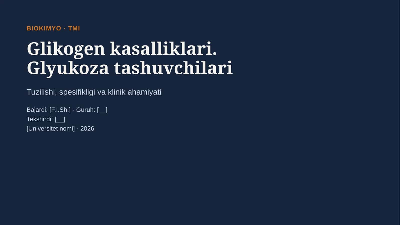 1.Glikogen kasalliklari(glikogenoz va aglikogenozlar).
2.glukoza tashuvchilarining tuzilishi,spesifi 1
