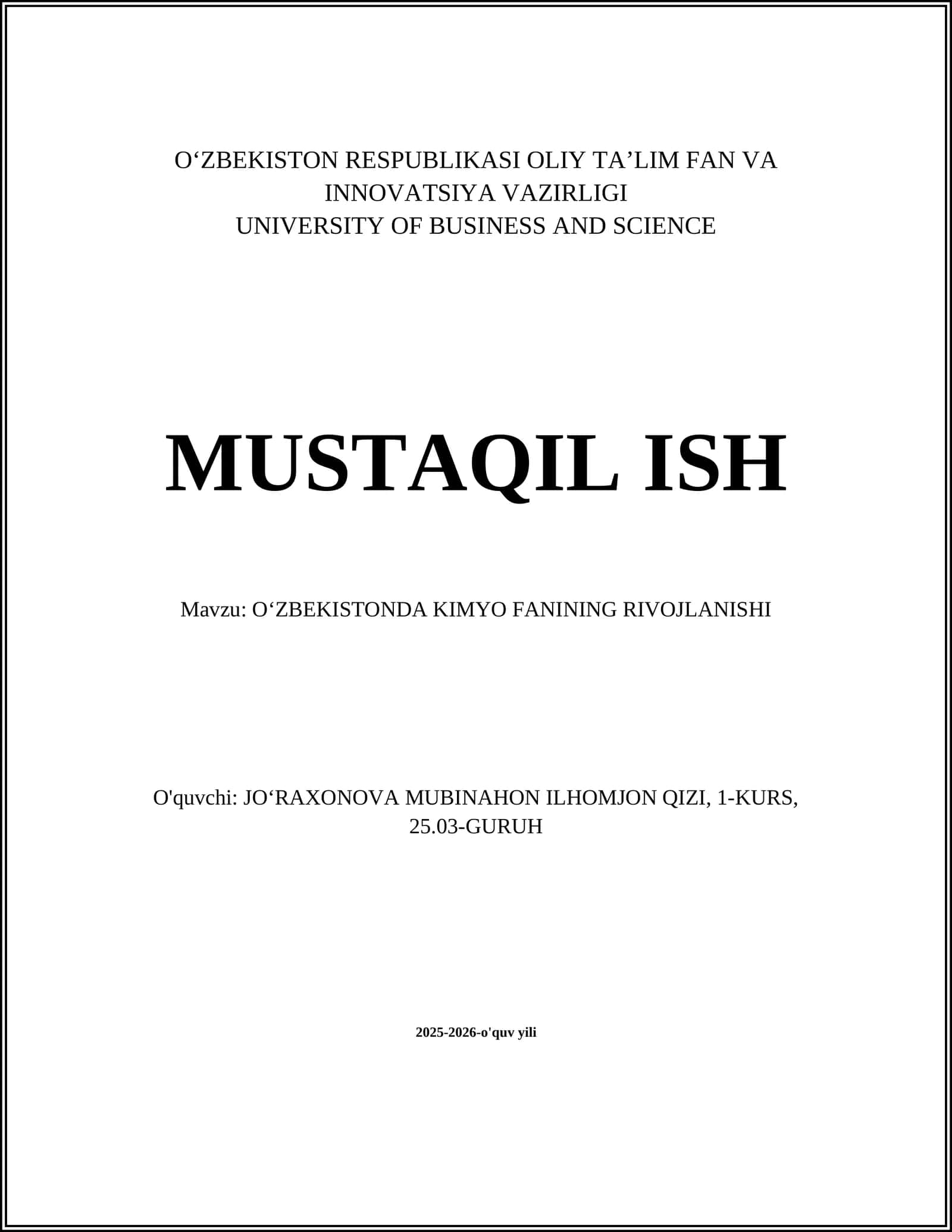 OʻZBEKISTONDA KIMYO FANINING RIVOJLANISHI 1
