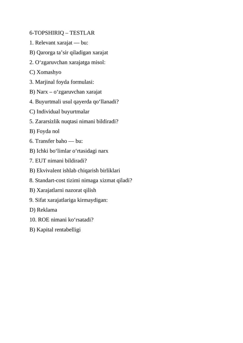 Test javoblari boshqaruv hisobi 1