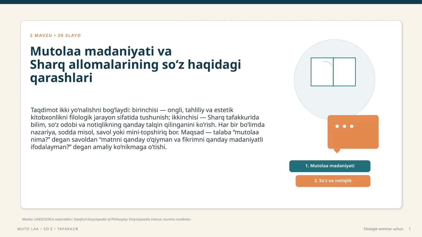 Mutolaa madaniyati va Sharq allomalarining so‘z haqidagi qarashlari 1