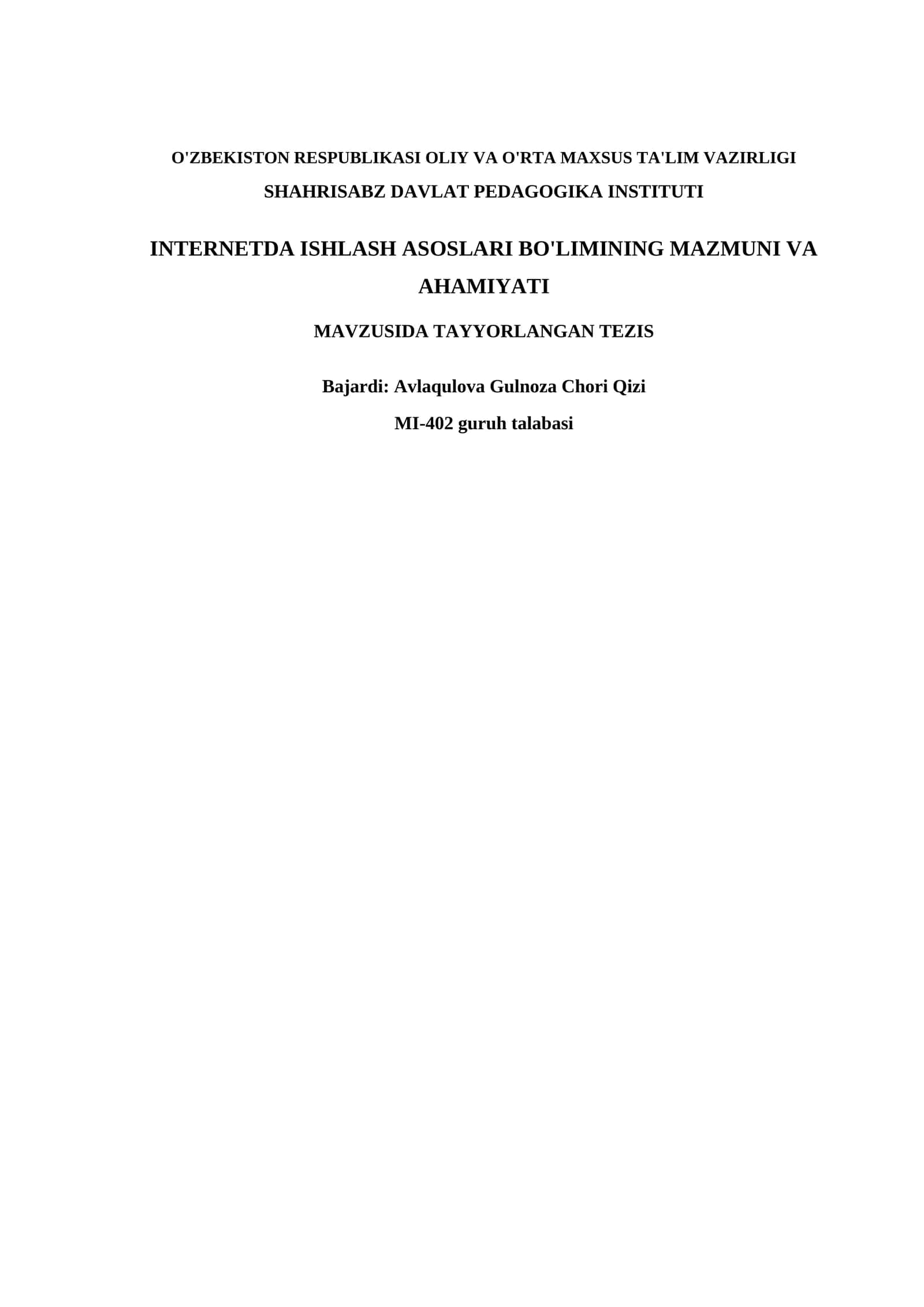 INTERNETDA ISHLASH ASOSLARI BO'LIMINING MAZMUNI VA AHAMIYATI 1