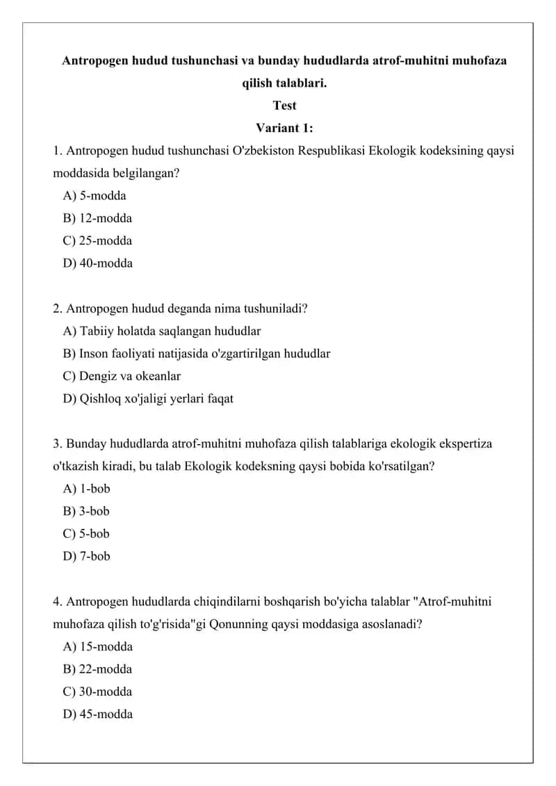 Antropogen hudud tushunchasi va bunday hududlarda atrof-muhitni muhofaza qilish talablari 1