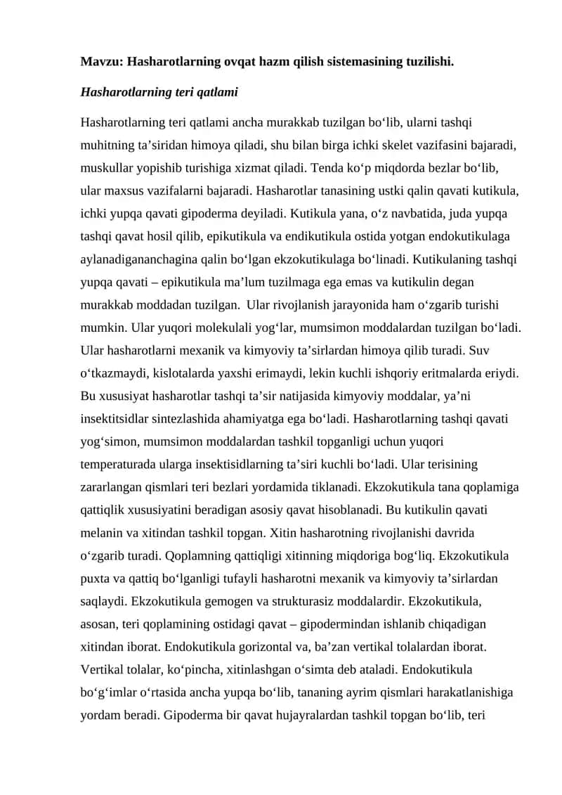 Hasharotlarning ovqat hazm qilish sistemasining tuzilishi. 1
