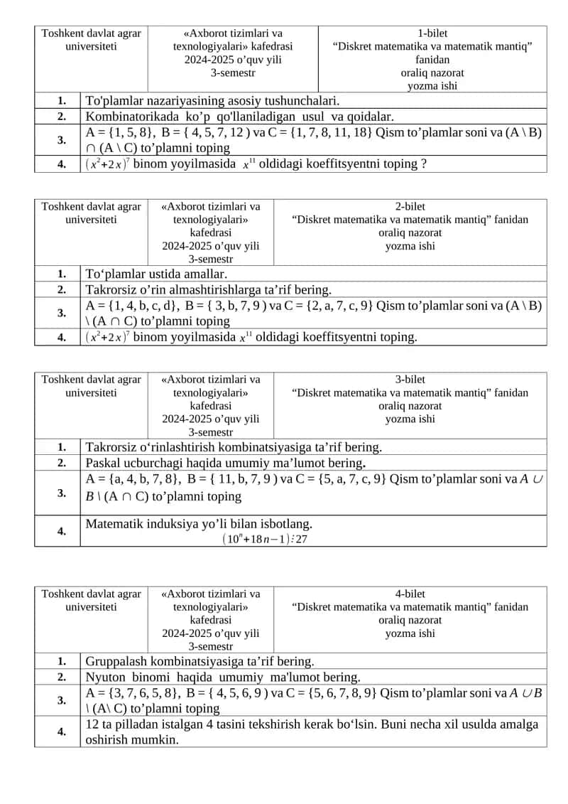 Diskret matematika va matematik mantiq (oraliq nazorat yozma ishi) 1