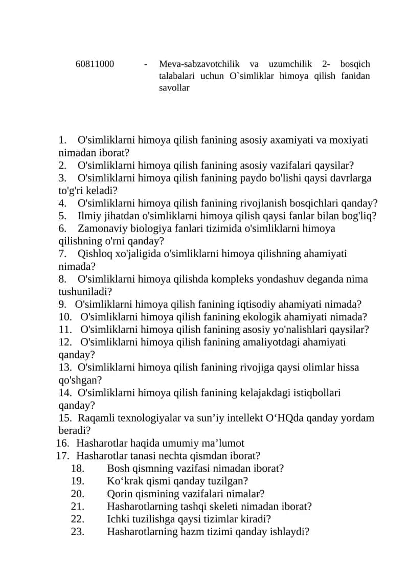 O'simliklarni himoya qilish fanidan savollar 1
