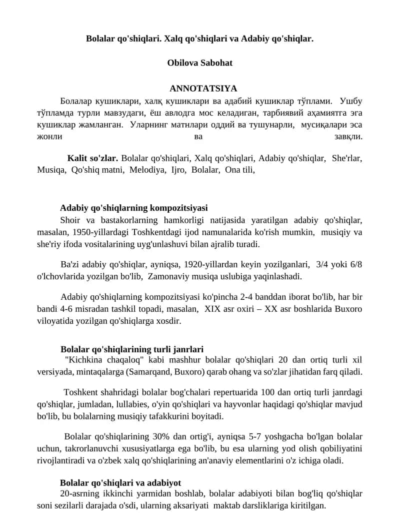 Bolalar qo'shiqlari. Xalq qo'shiqlari va Adabiy qo'shiqlar 1