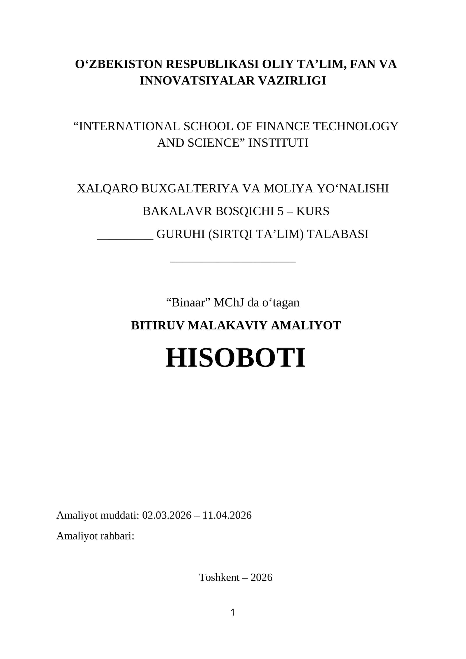 Qurilish mollari savdo sotiq mchj boʻyicha Bitiruv Malakaviy Amaliyot Hisoboti. 1