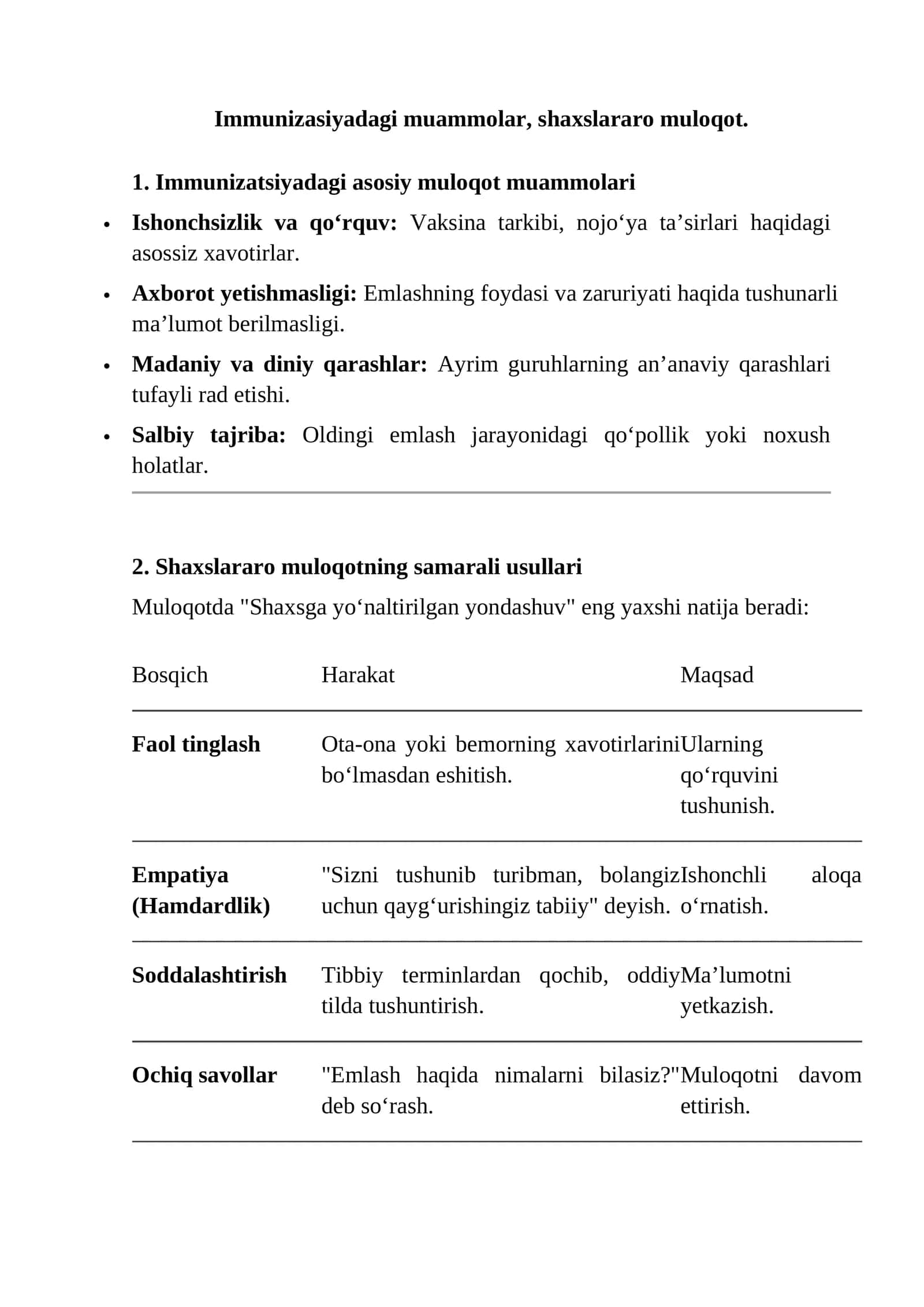 Immunizasiyadagi muammolar, shaxslararo muloqot 1