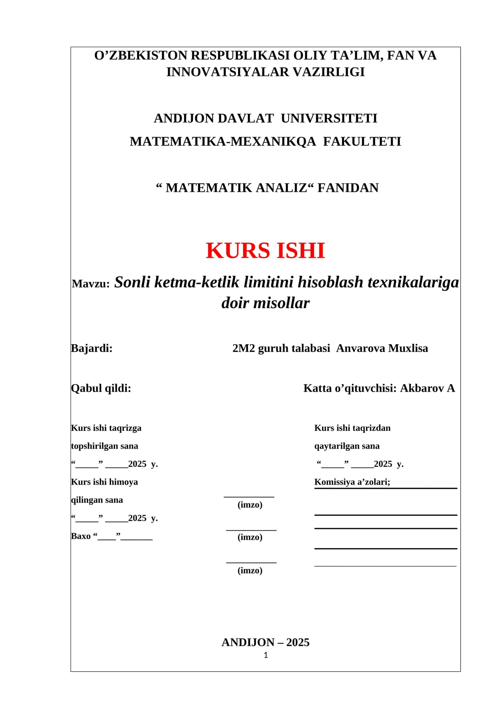 Sonli ketma-ketlik limitini hisoblash texnikalariga doir misollar 1