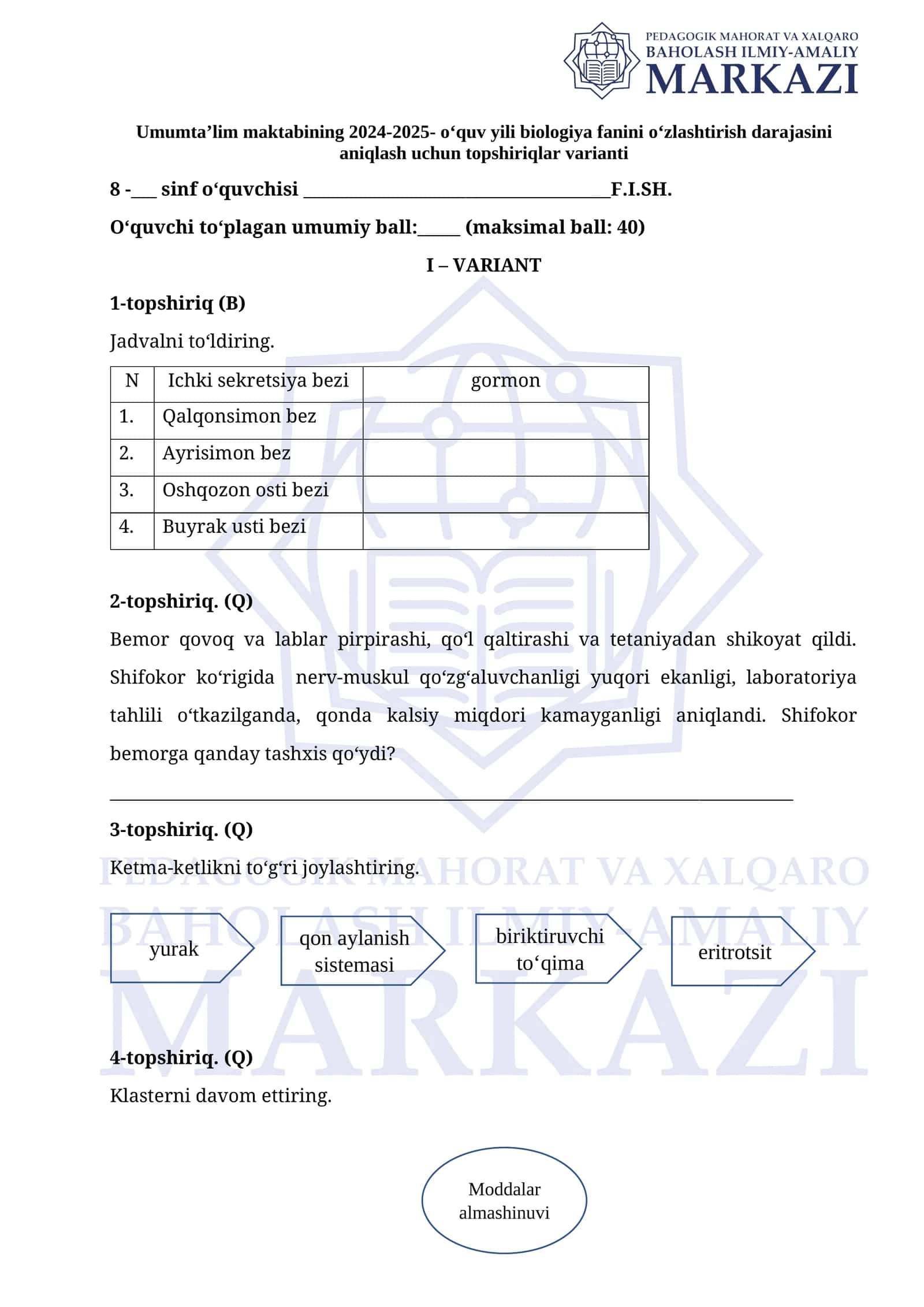 Umumta’lim maktabining 2024-2025-o‘quv yili biologiya fanini o‘zlashtirish darajasini aniqlash uchun topshiriqlar varianti 1