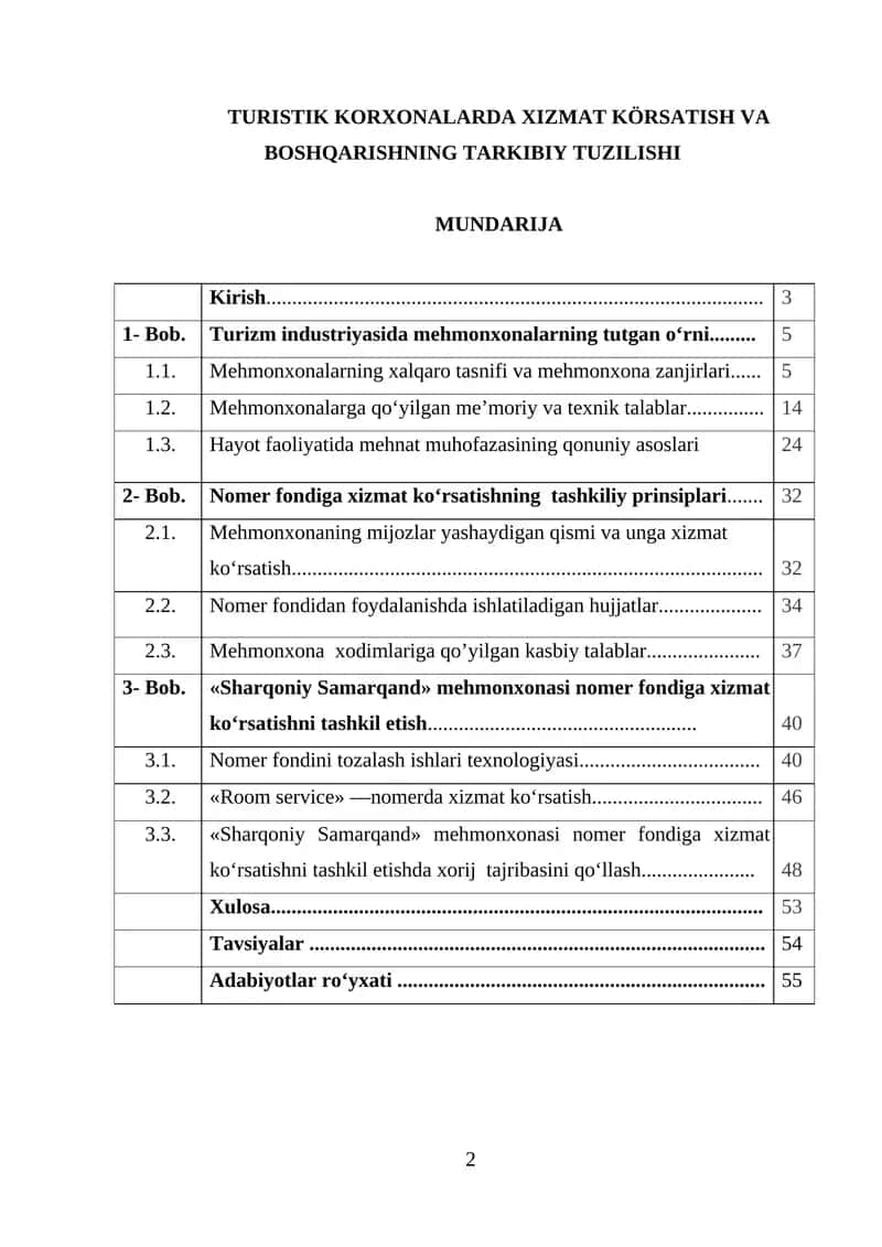 TURISTIK KORXONALARDA XIZMAT KÖRSATISH VA BOSHQARISHNING TARKIBIY TUZILISHI 1
