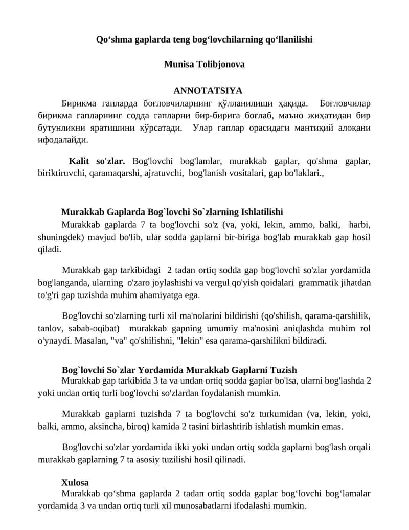 Murakkab Gaplarda Bog`lovchi So`zlarning Ishlatilishi 1
