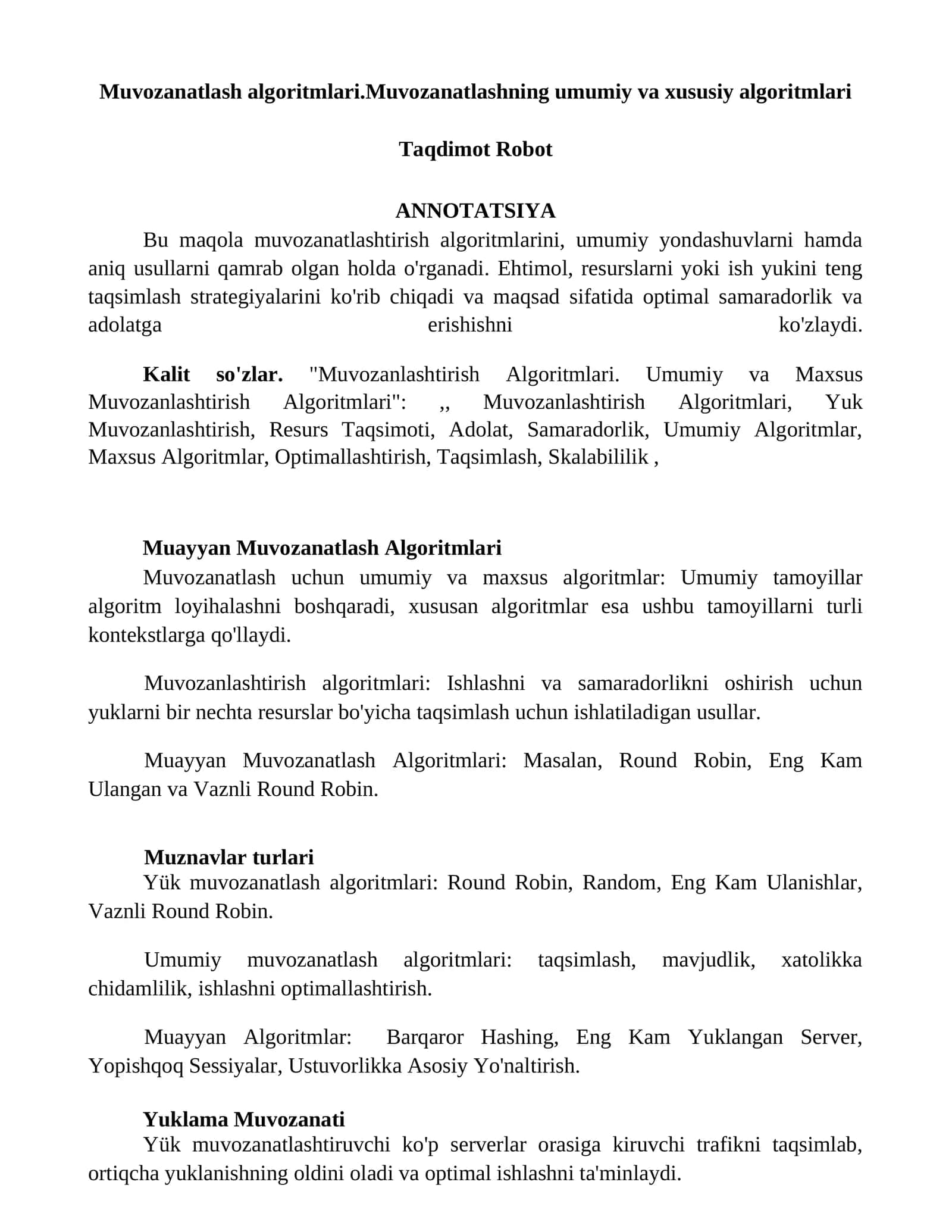 Muvozanatlash algoritmlari 1