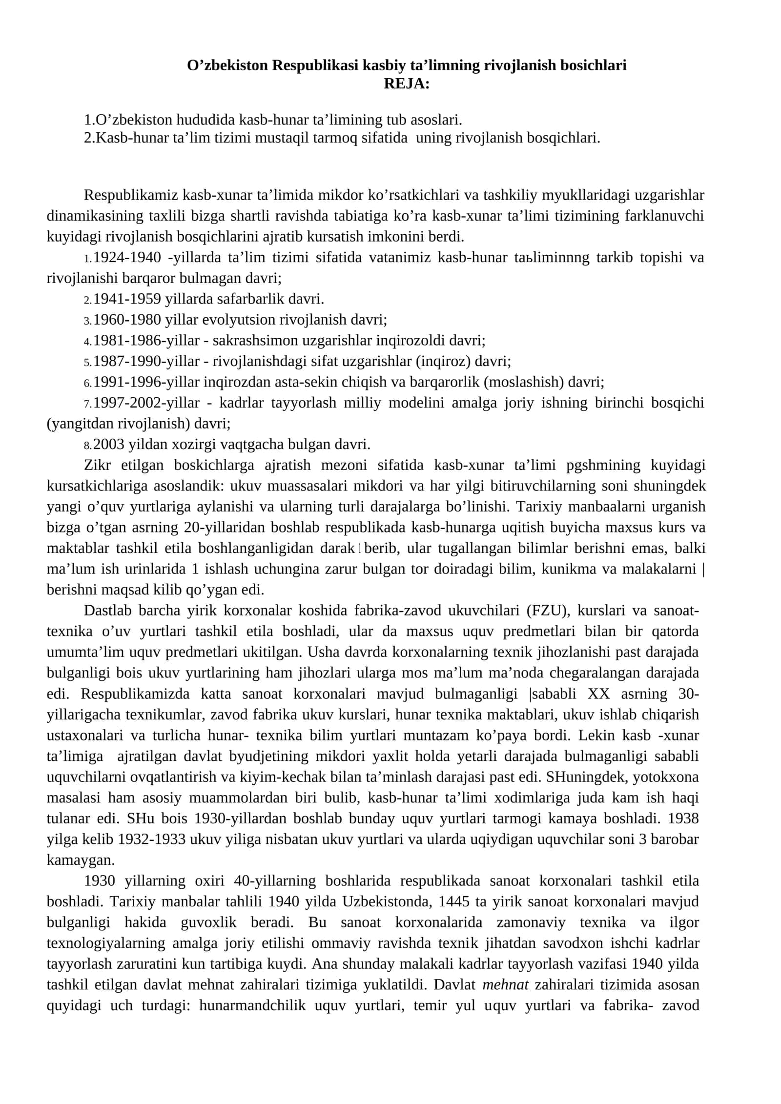 O’zbekiston Respublikasi kasbiy ta’limning rivojlanish bosichlari 1