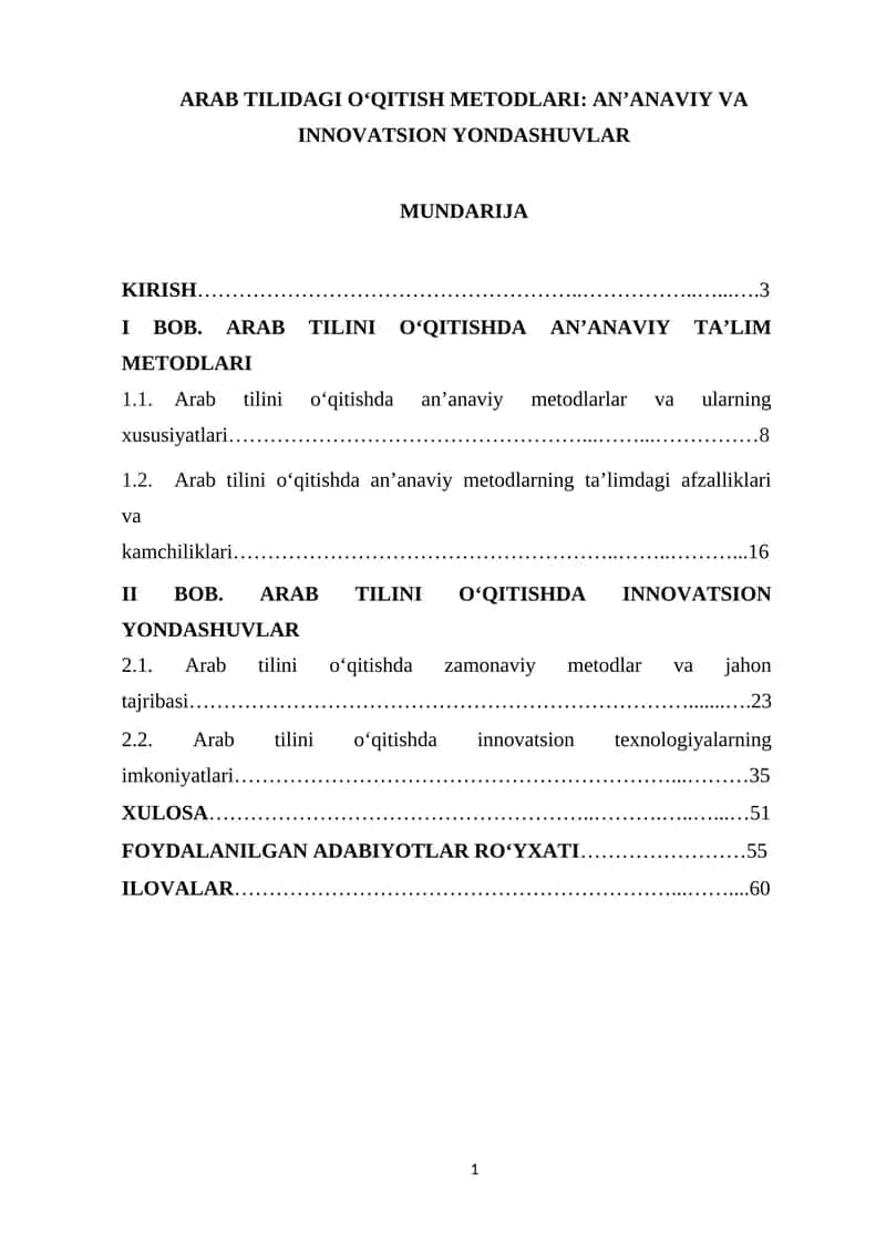 DIPLOM ISHI Arab tilidagi o‘qitish metodlari: an’anaviy va innovatsion yondashuvlar 1