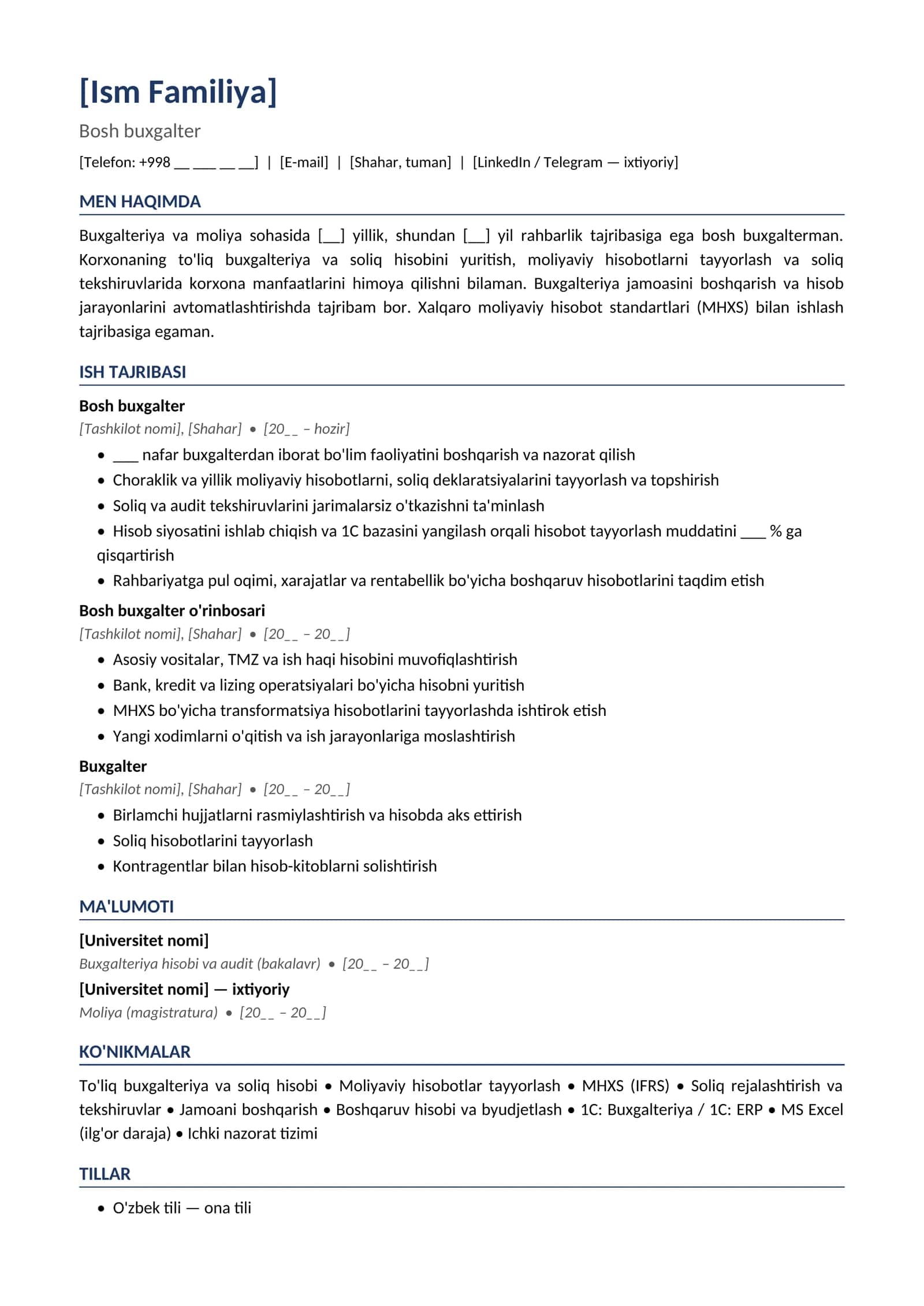 Rezyume namunasi Bosh buxgalter 1