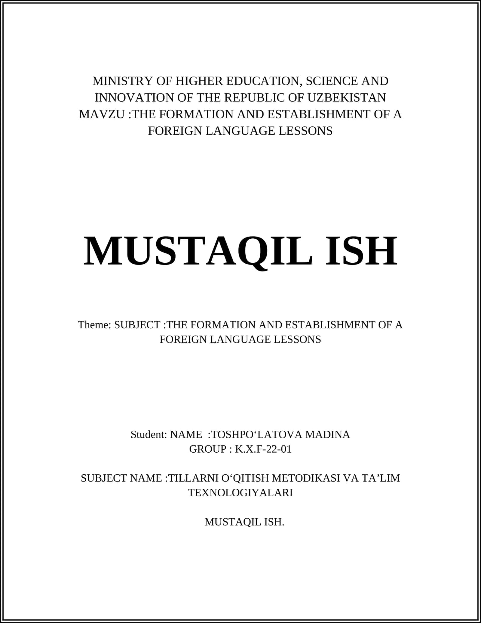 THE FORMATION AND ESTABLISHMENT OF A FOREIGN LANGUAGE LESSONS 1