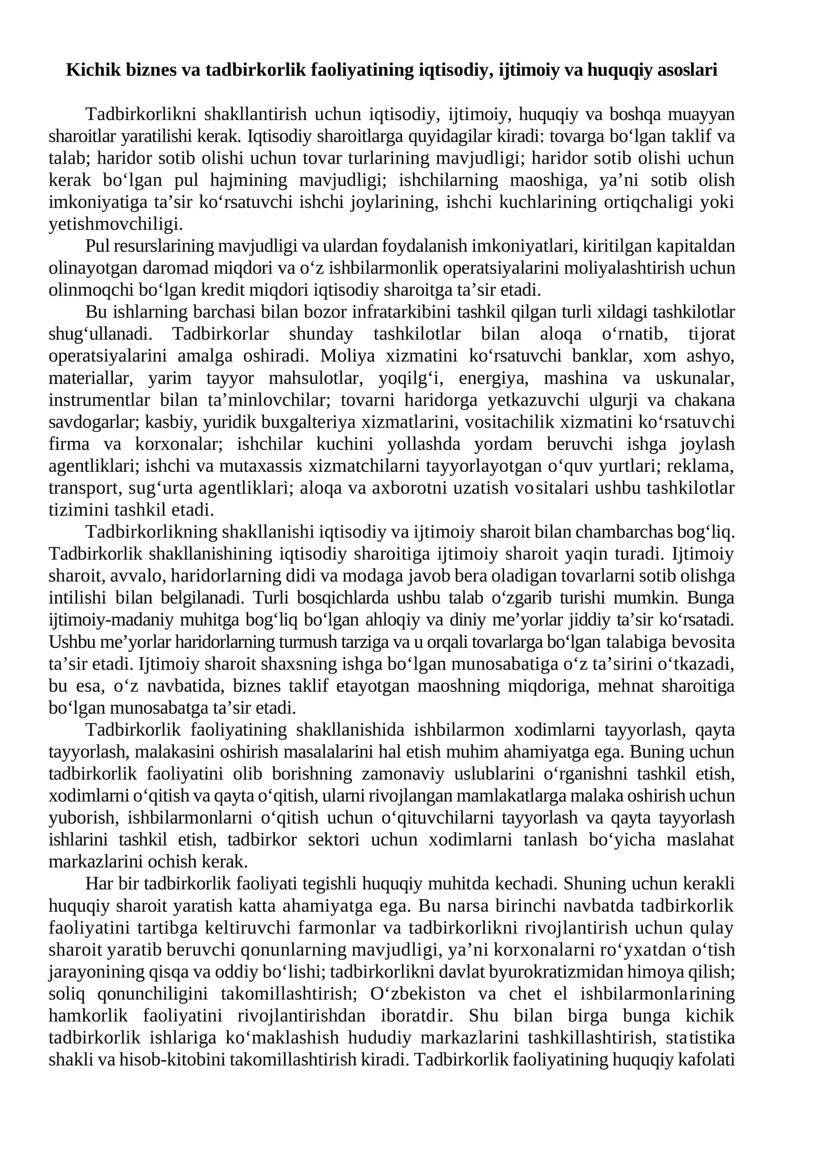 Kichik biznes va tadbirkorlik faoliyatining iqtisodiy, ijtimoiy va huquqiy asoslari 1
