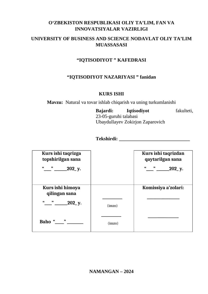 Natural va tovar ishlab chiqarish va uning turkumlanishi 1
