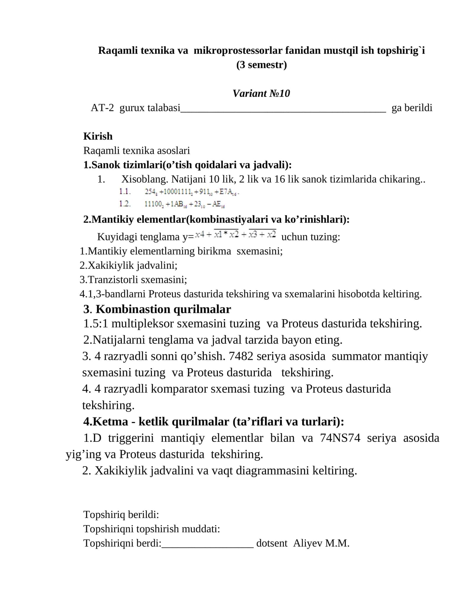 Raqamli texnika va mikroprostessorlar fanidan mustqil ish topshirig`i (3 semestr) 1