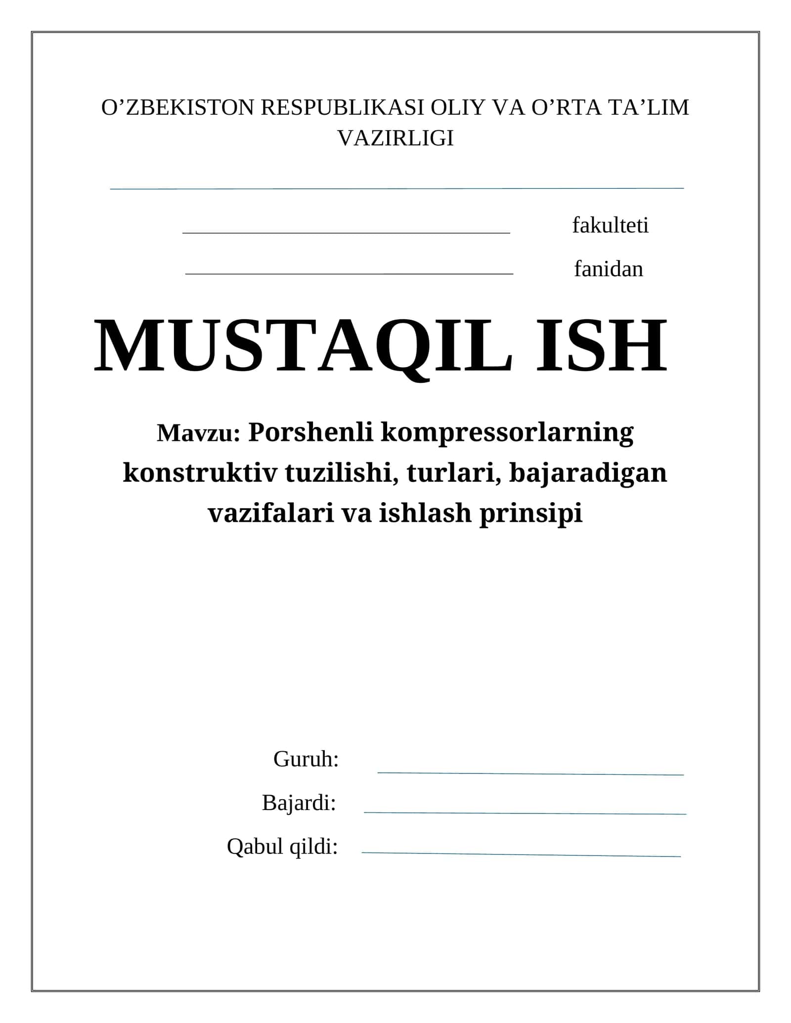 Porshenli kompressorlarning konstruktiv tuzilishi, turlari va ishlash prinsipi 1