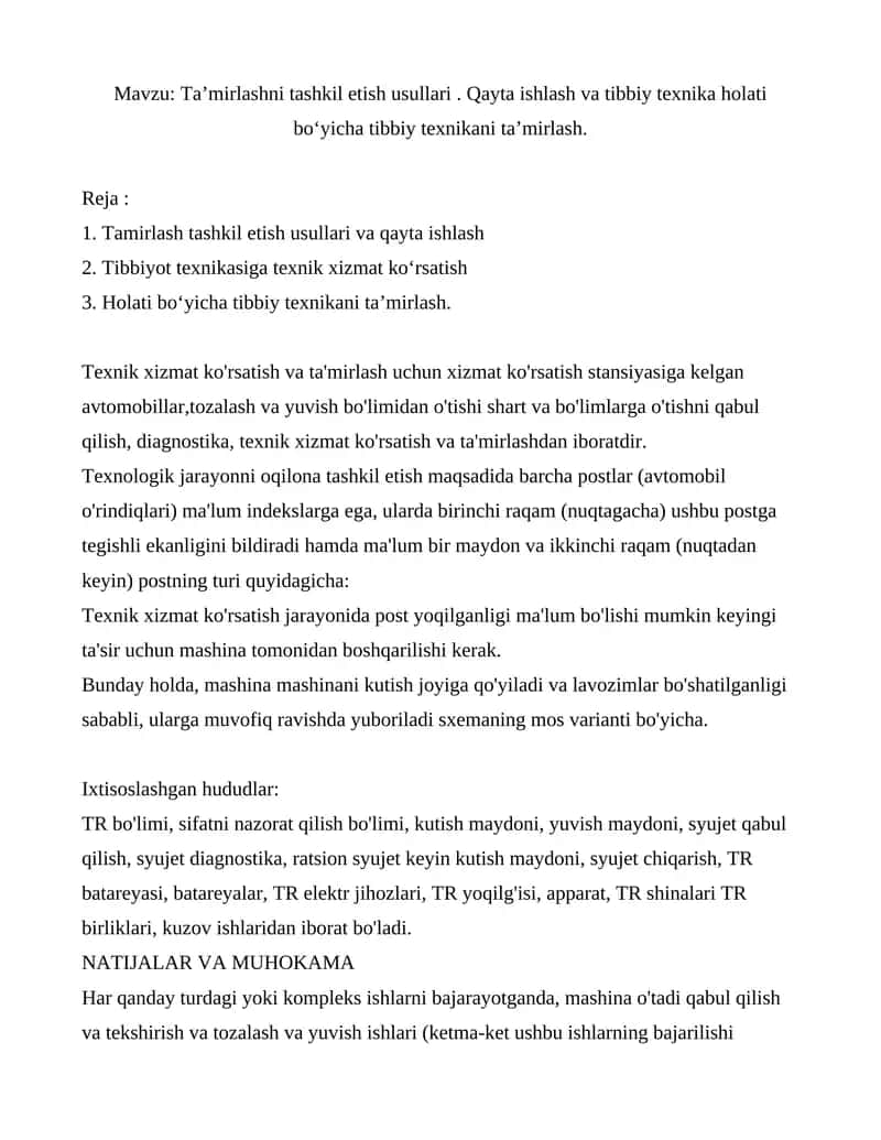 Taʼmirlashni tashkil etish usullari 1