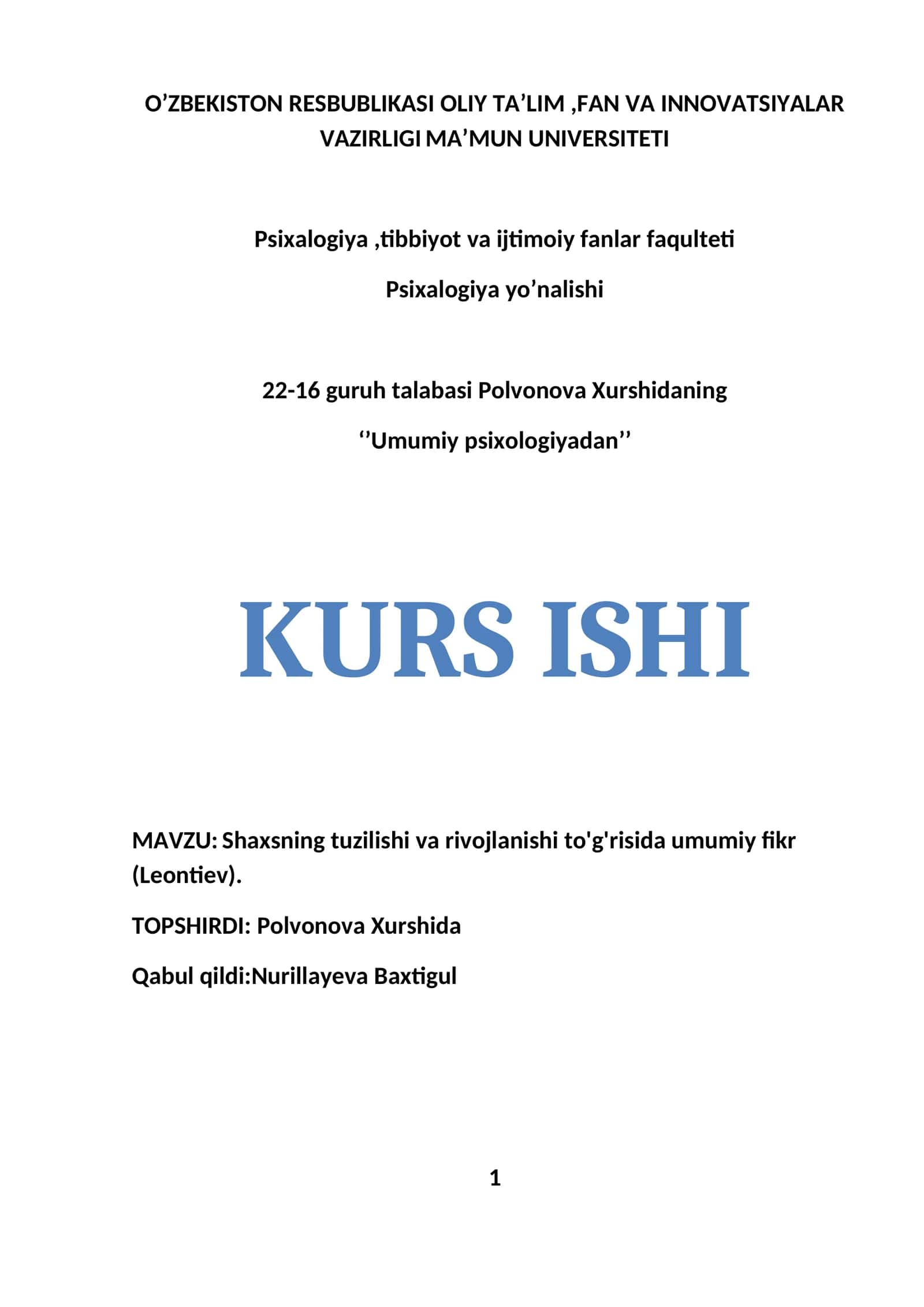 Shaxsning tuzilishi va rivojlanishi to'g'risida umumiy fikr (Leontiev) 1