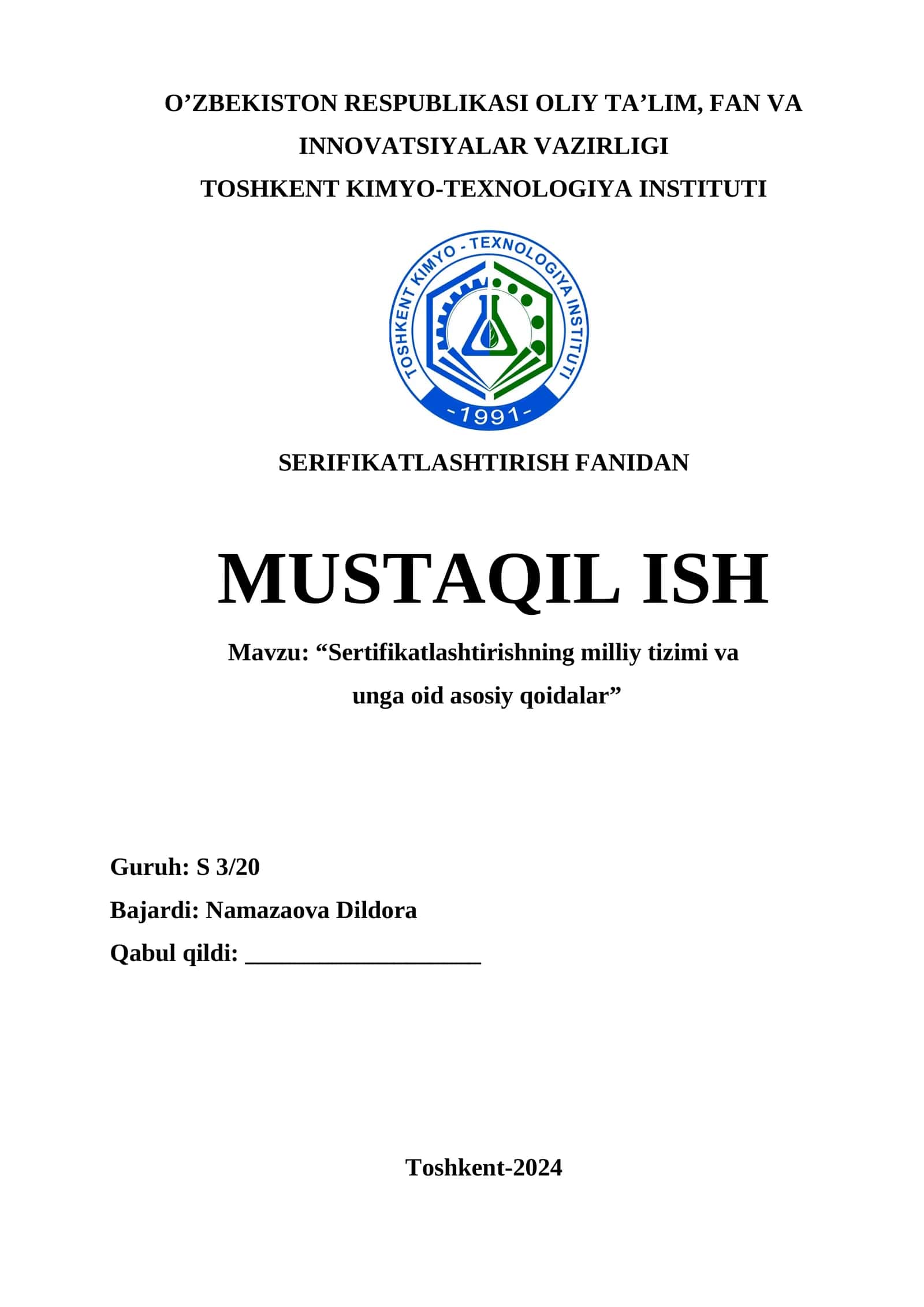 “Sertifikatlashtirishning milliy tizimi va unga oid asosiy qoidalar” 1