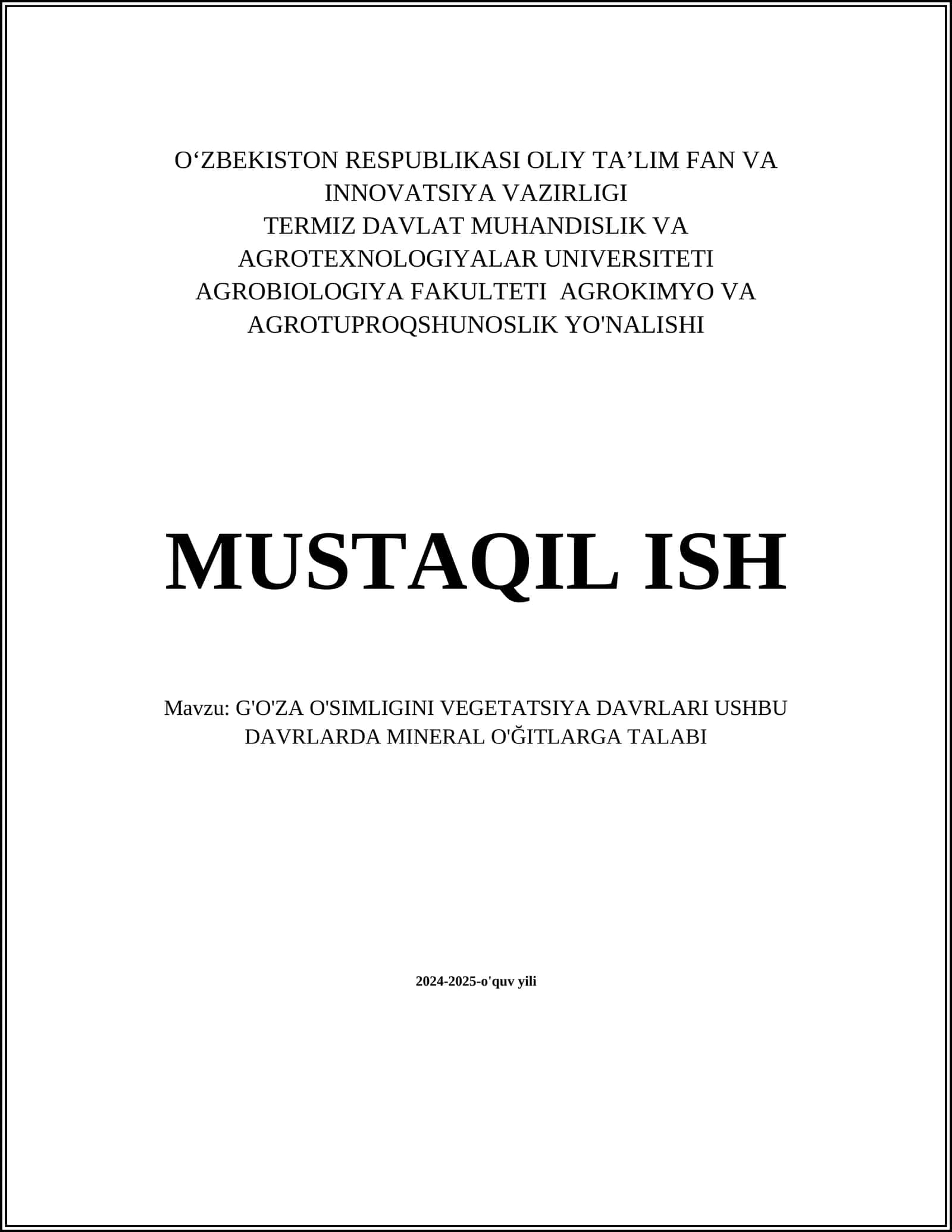 G'O'ZA O'SIMLIGINI VEGETATSIYA DAVRLARI USHBU DAVRLARDA MINERAL O'ĞITLARGA TALABI 1