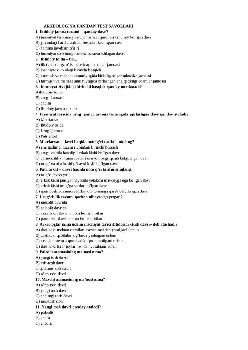 ARXEOLOGIYA FANIDAN TEST SAVOLLARI 1