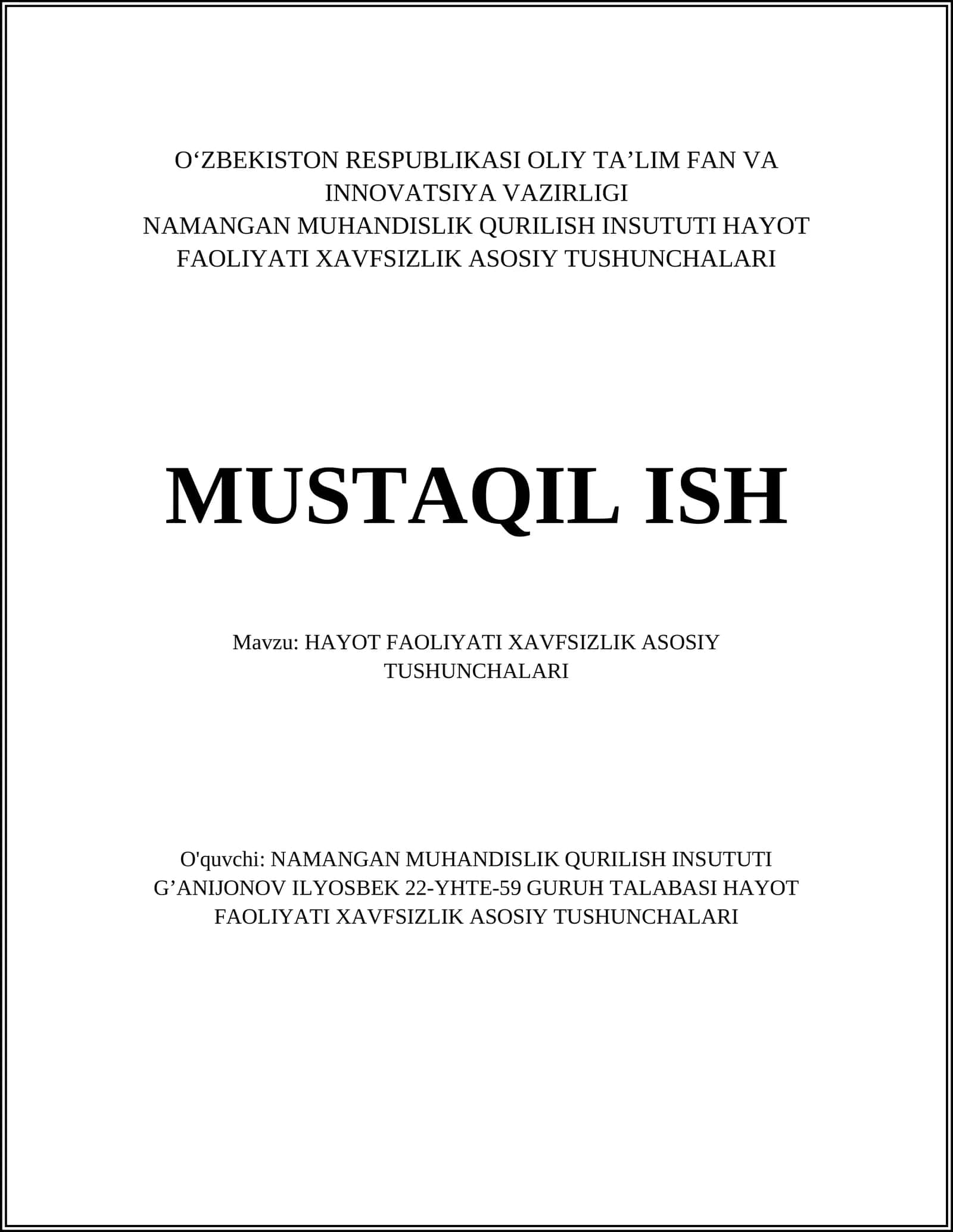 HAYOT FAOLIYATI XAVFSIZLIK ASOSIY TUSHUNCHALARI 1