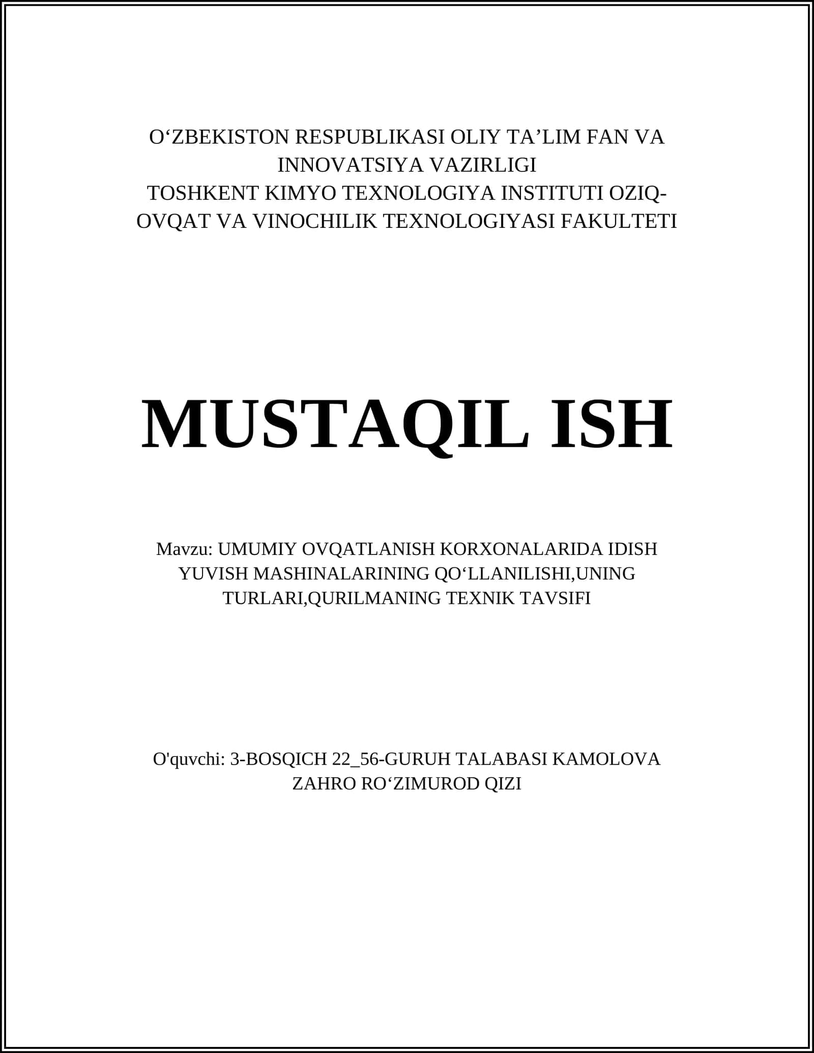 UMUMIY OVQATLANISH KORXONALARIDA IDISH YUVISH MASHINALARINING QO‘LLANILISHI,UNING TURLARI,QURILMANING TEXNIK TAVSIFI 1