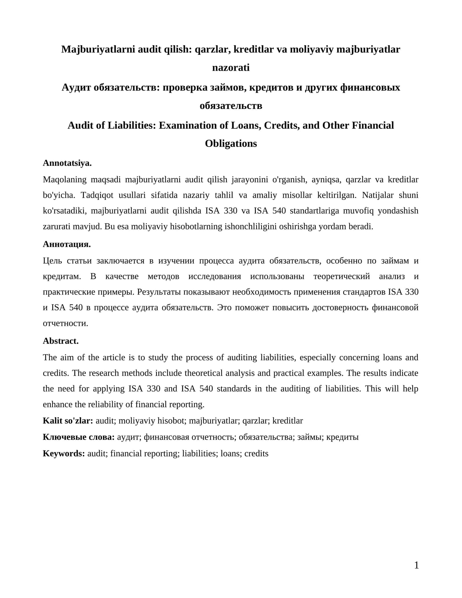 Majburiyatlarni audit qilish: qarzlar, kreditlar va moliyaviy majburiyatlar nazorati 1