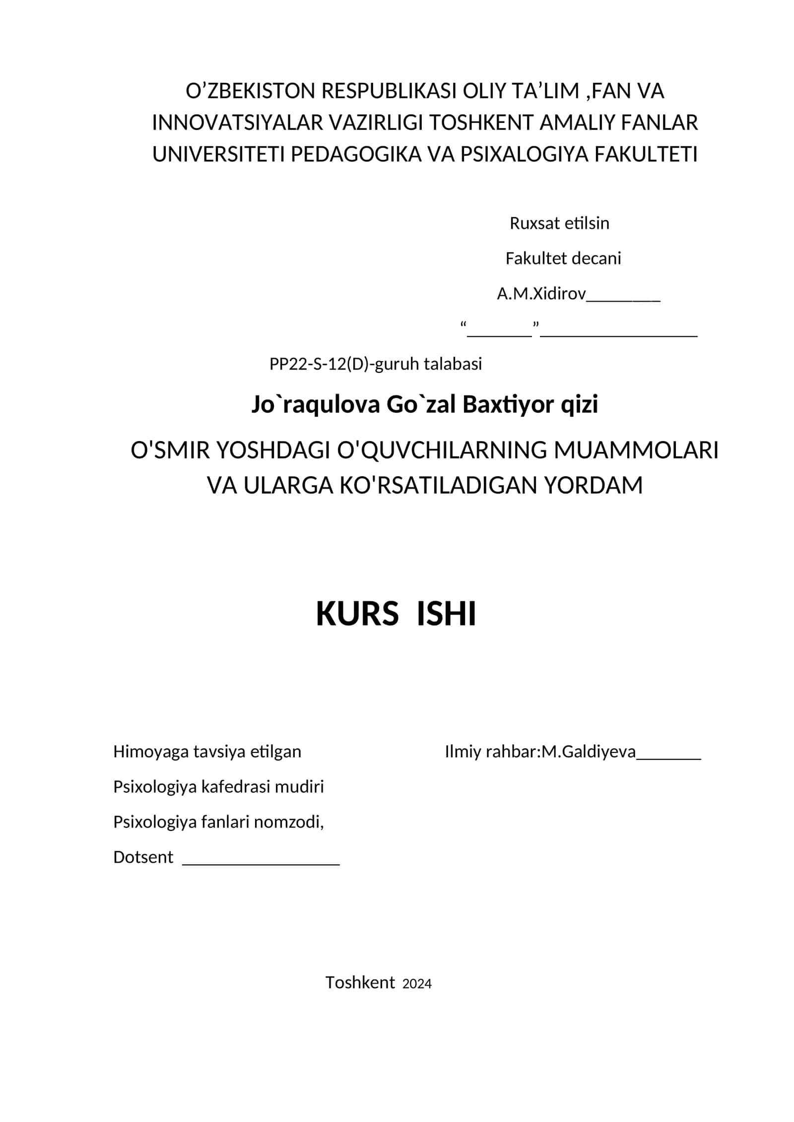 O'SMIR YOSHDAGI O'QUVCHILARNING MUAMMOLARI VA ULARGA KO'RSATILADIGAN YORDAM KURS ISHI 1