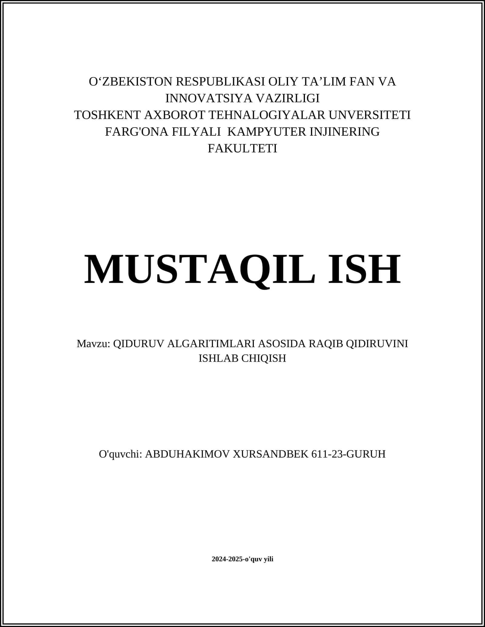 QIDURUV ALGARITIMLARI ASOSIDA RAQIB QIDIRUVINI ISHLAB CHIQISH 1