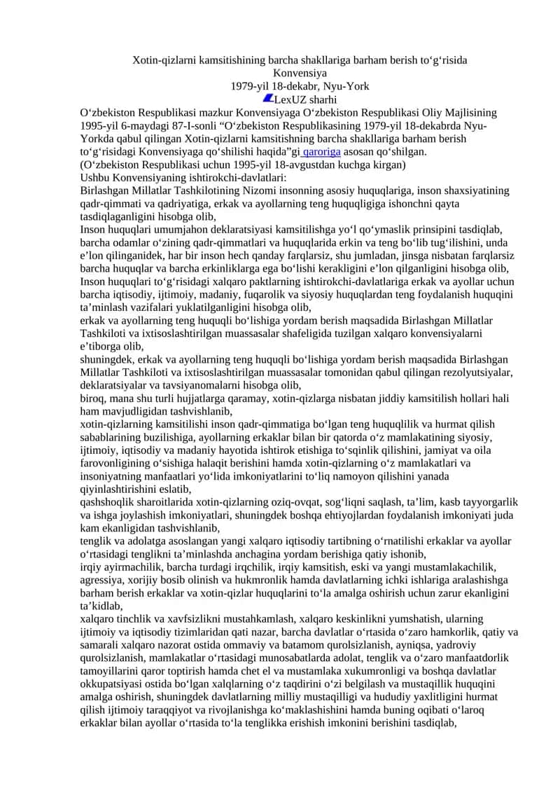 Xotin-qizlarni kamsitishining barcha shakllariga barham berish to‘g‘risida Konvensiya 1